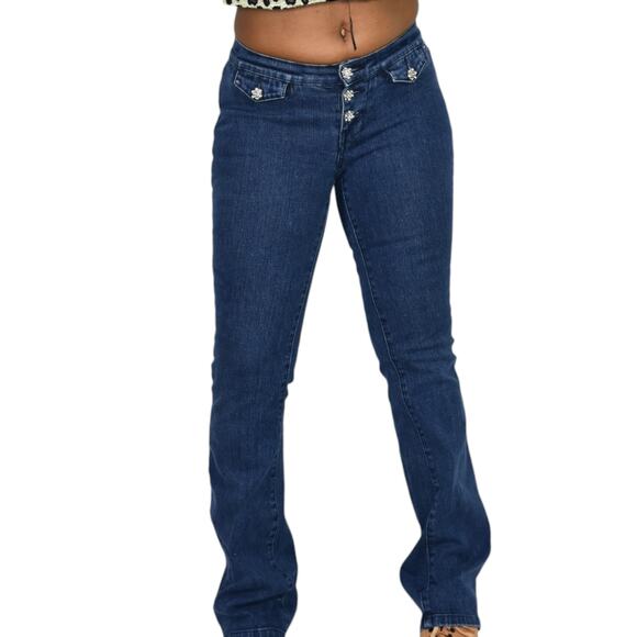 Vintage Tommy Hilfiger Button Fly Jeans Blue Flare Rhinestone Low Rise Retro 2 - Picture 8 of 16